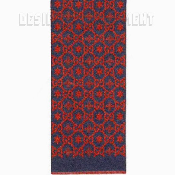 GUCCI red & blue CONSTELLATION Bee GG Stars wool/silk reversible long scarf NWT - Picture 9 of 12